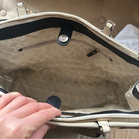 Kate Spade Cream Black Patent Leather Color block Satchel Tote Purse Handbag - Picture 8 of 15